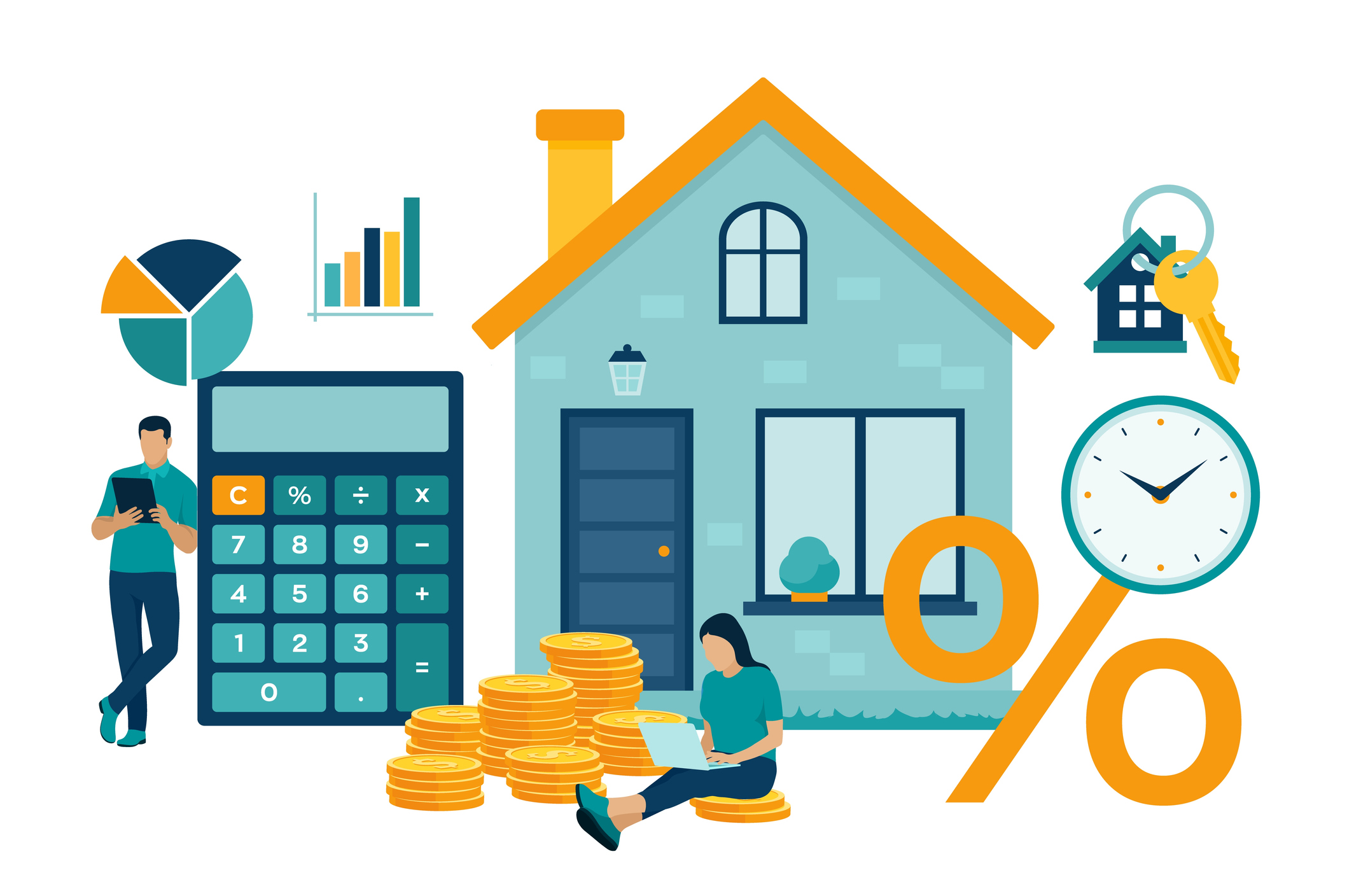 Mortgage concept. House loan or money investment to real estate. Property money investment contract. Family Buying Home. Man calculates home mortgage rate. Vector illustration with characters
